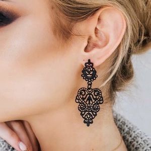 New! Victorian Black Filigree Drop Earrings